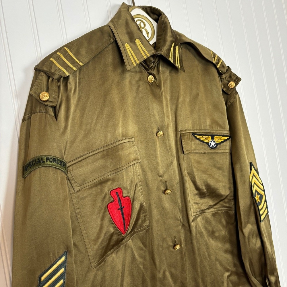 Baldanza Military Silk Shirt Women 4 Olive Green Patch Embroidered Epaulet - Picture 3 of 13